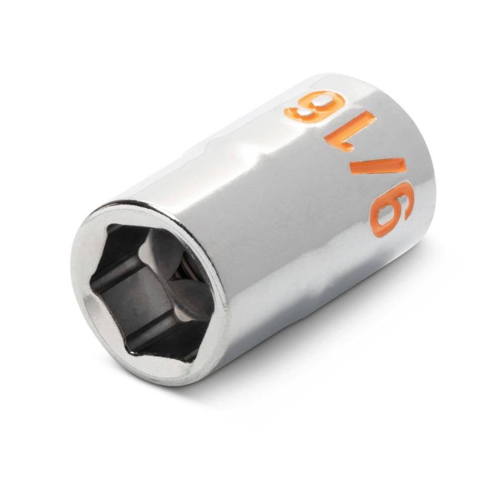 An angled macro view of a 9/16 inch GEARWRENCH SAE Hi-Viz standard socket emphasizing the sleek tool profile and the durable high-contrast identification markings for professional shop environments.