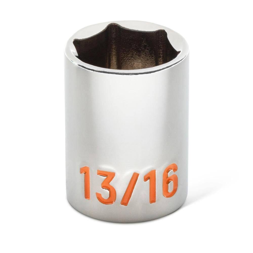A detailed close-up shot of a 13/16 inch GEARWRENCH Hi-Viz socket, showcasing the precision 6-point hex opening and the large high-visibility orange stamped size marking.