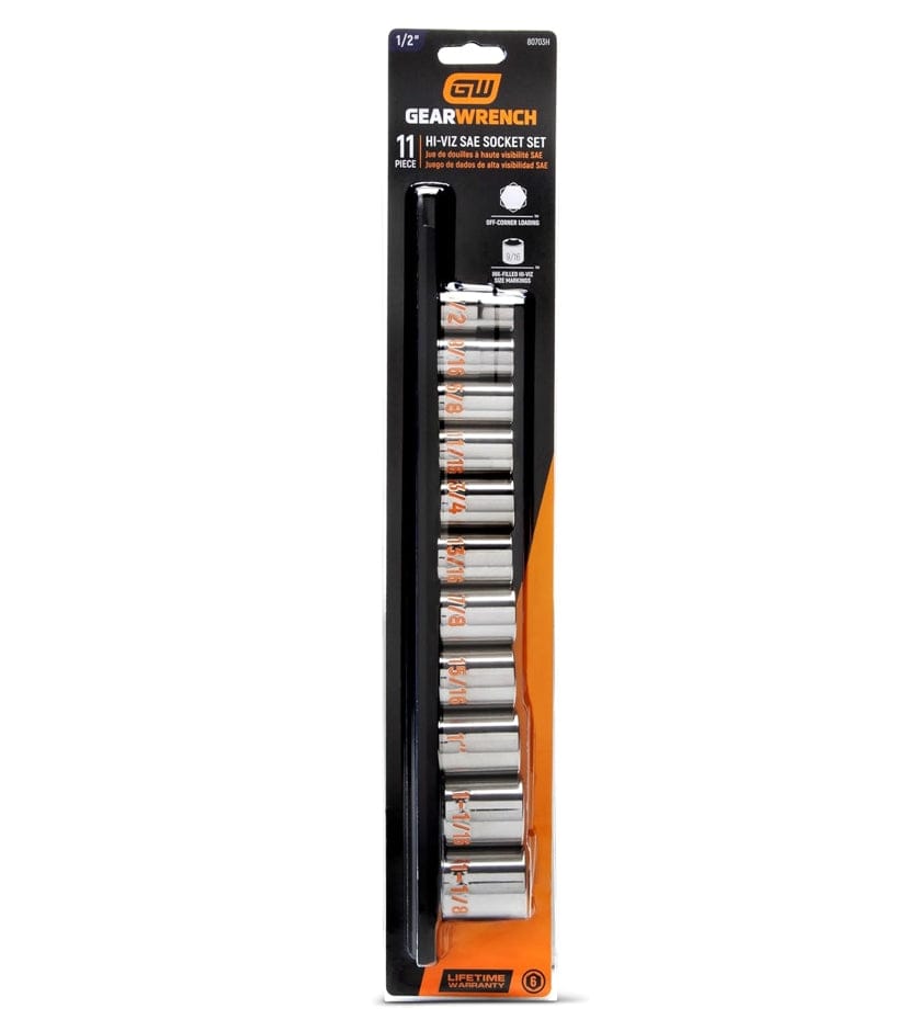 The front-facing retail blister packaging for the GEARWRENCH 80703H 11-piece SAE standard socket set, emphasizing the Hi-Viz technology, 6-point design, and professional lifetime warranty.