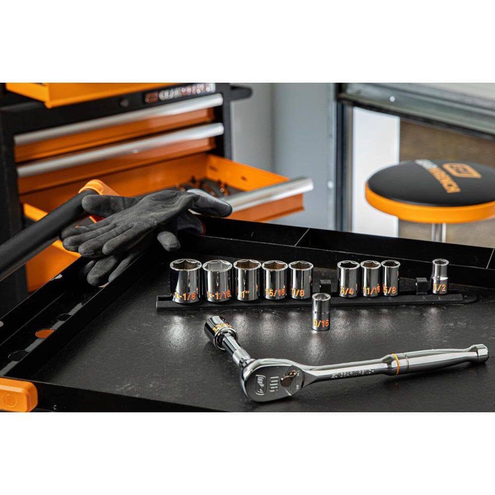 A professional workspace shot showing the GEARWRENCH 11-piece SAE Hi-Viz socket set on a black service cart, demonstrating organized tool management in an industrial or automotive environment.