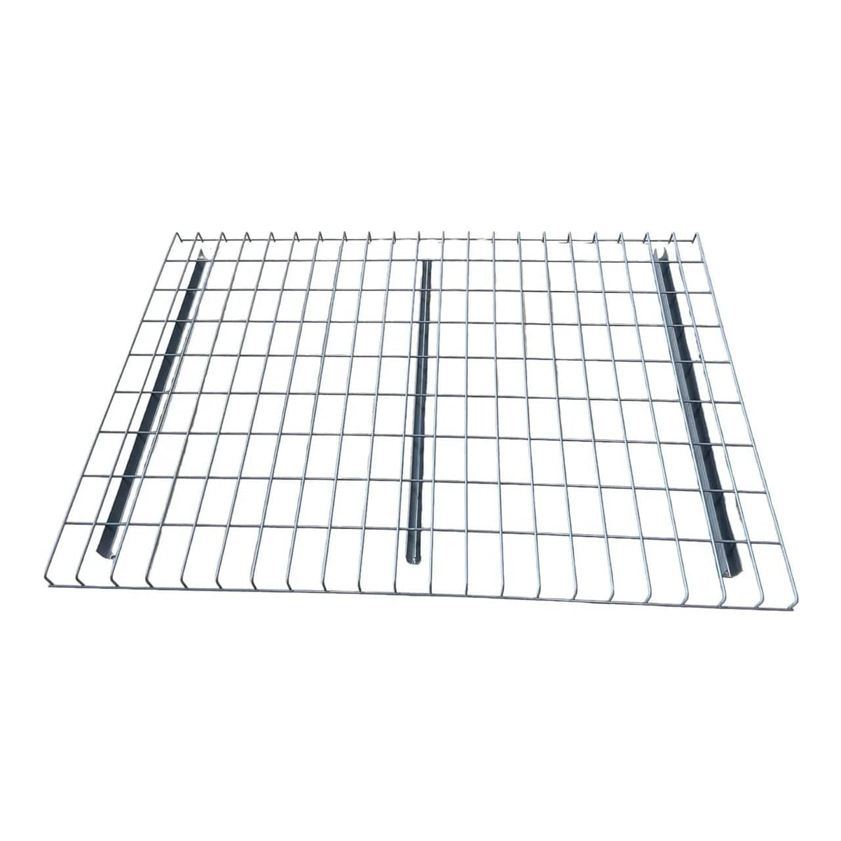 A studio product shot of a single WDGN2446NWN galvanized wire decking panel from a top-down perspective, highlighting the three industrial-strength support channels and the rigid steel mesh grid construction.