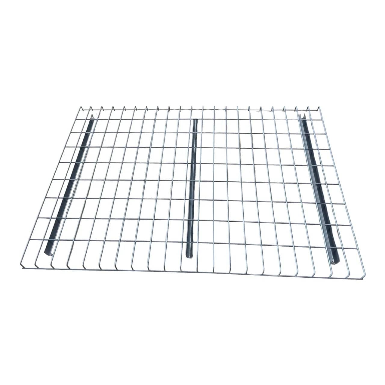 A studio product shot of a single WDGN2446NWN galvanized wire decking panel from a top-down perspective, highlighting the three industrial-strength support channels and the rigid steel mesh grid construction.
