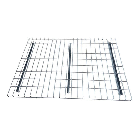 A studio product shot of a single WDGN2446NWN galvanized wire decking panel from a top-down perspective, highlighting the three industrial-strength support channels and the rigid steel mesh grid construction.