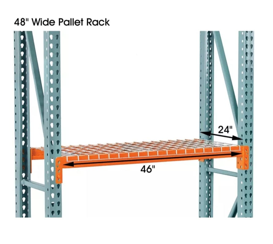 A technical diagram illustrating a 46-inch wide wire decking panel installed on a 48-inch wide pallet rack with a 24-inch frame depth, demonstrating the secure waterfall edge fit.