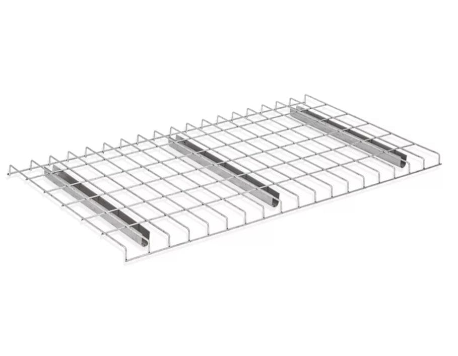 An angled studio view of the WDGN2446NWN wire decking shelving, showcasing the rust-resistant galvanized finish and the structural under-deck support channels for industrial warehouse storage.