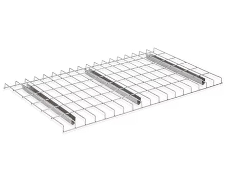 An angled studio view of the WDGN2446NWN wire decking shelving, showcasing the rust-resistant galvanized finish and the structural under-deck support channels for industrial warehouse storage.