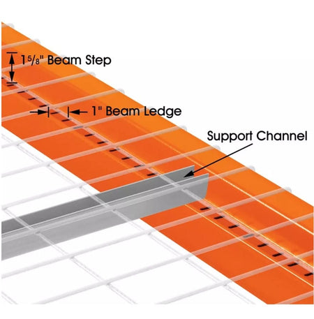 A detailed close-up technical diagram showing a wire decking support channel properly nesting into a 1 5/8-inch beam step and 1-inch beam ledge on an orange industrial step beam.