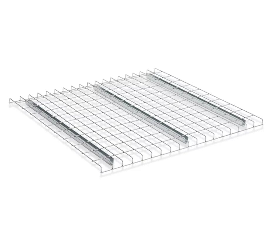 A studio product shot of a single WDGN2446NWN galvanized wire decking panel, highlighting the 3 industrial-strength support channels and the rigid steel mesh grid construction.