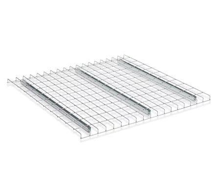 A studio product shot of a single WDGN2446NWN galvanized wire decking panel, highlighting the 3 industrial-strength support channels and the rigid steel mesh grid construction.
