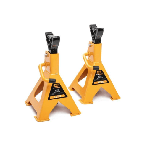image of 3 Ton Ratcheting Jack Stand - 2 Per Pack. This image shows a pair of bright orange metal jack stands, each with a black adjustable saddle at the top. They are triangular in shape at the base, designed to provide stable support for vehicles, and feature a label indicating "3.0 TON" capacity.