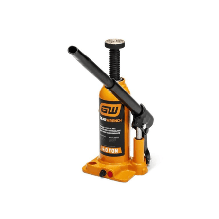 image of 4 Ton Hydraulic Bottle Jack. This is an orange and black hydraulic bottle jack, a robust tool used for lifting heavy loads, positioned on a white background. It features a sturdy square base, a tall cylindrical body with "GEARWRENCH 4.0 TON" branding, and a long, textured black pump handle extended upwards, ready for operation.