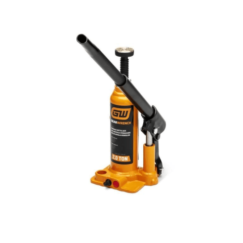 image of 2 Ton Hydraulic Bottle Jack. This is an orange and black hydraulic bottle jack, a compact tool used for lifting heavy objects. It features a sturdy base, a tall cylindrical body with "GEARWRENCH 2.0 TON" branding, and a long black pump handle extended at an upward angle, ready for operation.