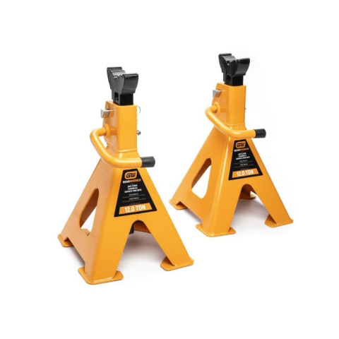 image of 12 Ton Ratcheting Jack Stand - 2 Per Pack. This image shows two bright orange jack stands, positioned side-by-side and angled slightly towards the viewer against a plain white background. Each jack stand has a sturdy triangular base, a vertical support shaft, and a black, toothed top saddle for gripping a vehicle.