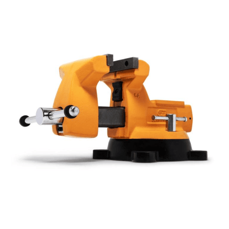 image of 6" Mechanic's Bench Vise with Anvil. The image shows an orange vise with a black base. The vise is in an open position and its handle is extended to the left side.