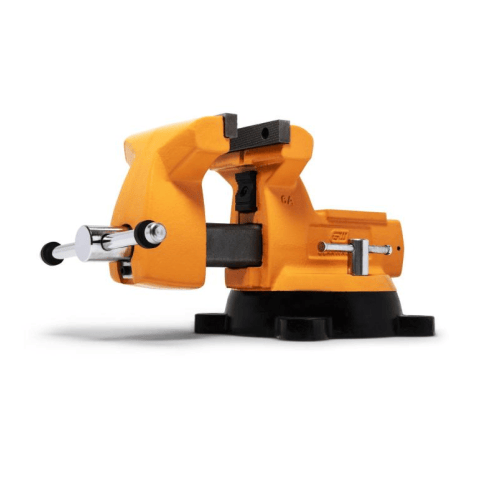 image of 6" Mechanic's Bench Vise with Anvil. The image shows an orange vise with a black base. The vise is in an open position and its handle is extended to the left side.
