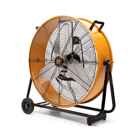 image of 24" 2-Speed High Velocity Shop Fan. The image shows a large, orange, drum-shaped industrial fan with a black cage covering the blades. It's mounted on a sturdy black frame with two wheels on one side and handles on top, indicating its portability.