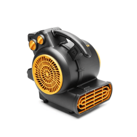 The image shows a black and orange fan with a circular grill, positioned at a slight angle. The fan has a handle on top and rests on small feet, designed for portability.