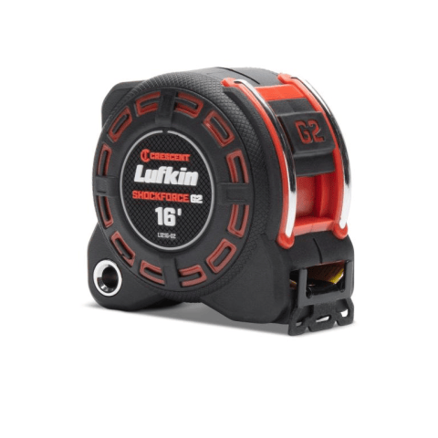 image of1-1/4" x 16' Shockforce™ G2 Tape Measure. This is a black and red Crescent Lufkin Shockforce G2 tape measure. The tape measure shows the "16'" marking and has a metallic clip on the side.