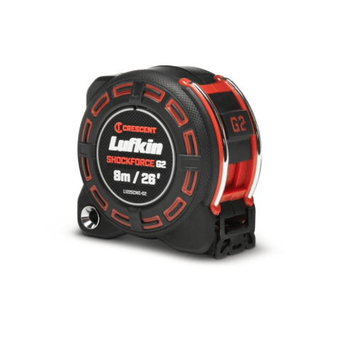 image of 1-1/4" x 8m/26' Shockforce™ G2 Tape Measure. This is a compact, black and red Crescent Lufkin tape measure with a prominent circular design featuring text that indicates it measures "8m / 26'". It has textured black grips and red accents, giving it a rugged appearance.