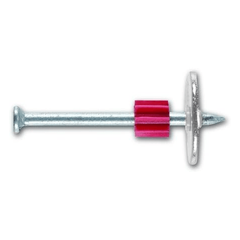 50114 Drive Pin 2-1/2-Inch Length.300 Head 0.145 Diameter with 1-Inch Washer, 100 Per Box. The image shows a single, silver drive pin with a flat head on one end and a sharp point on the other. The pin has a red plastic collar around its shaft and a circular silver washer near the pointed end.