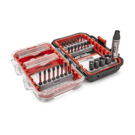Crescent APEX VORTEX Bit Holding Fastening Set 55pc. The image features an open case with a variety of small tools organized inside. The case has a clear plastic lid on one side and a black and orange interior on the other, displaying an assortment of drill bits and sockets.
