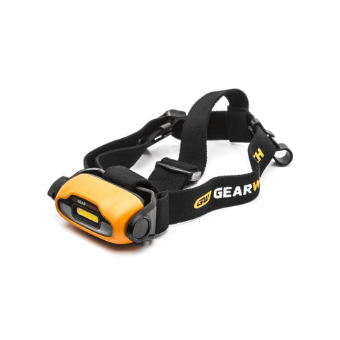 GEARWRENCH 83137 200 Lumen Rechargeable Head Lamp. The image shows a Gearwrench rechargeable LED headlamp with an orange and black light unit attached to adjustable black straps. The headlamp has a rectangular white light panel on the front and the Gearwrench logo printed on the straps.
