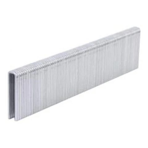
This image shows a long, rectangular strip of silver-colored staples, likely for a staple gun. The staples are connected together in a continuous row, with their U-shaped profiles clearly visible from the side. They appear to be made of metal and have a uniform, industrial look.