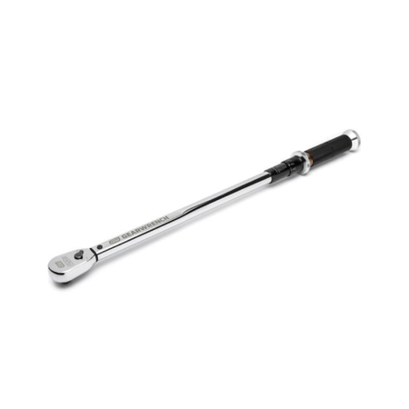 image of 1/2" Drive 120XP™ Micrometer Torque Wrench 30-250 ft/lbs. This is a Gearwrench 1/2" drive micrometer torque wrench lying diagonally on a white surface. The wrench features a long, slender silver body with clear markings and a black textured handle for grip.