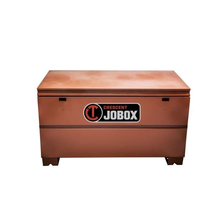 Front view of Crescent JOBOX chest with bold logo and flat top, designed for jobsite tool protection