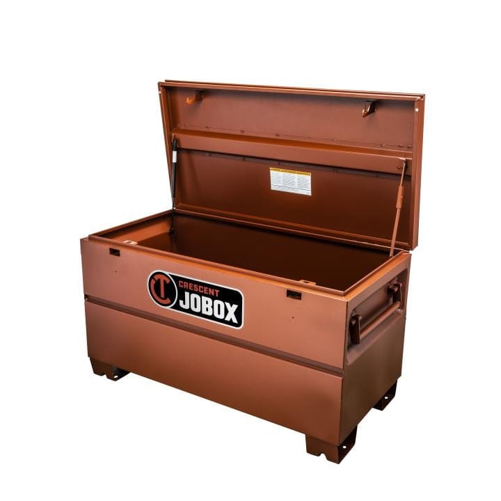 Open JOBOX steel chest with reinforced lid and spacious interior for jobsite tool organization
