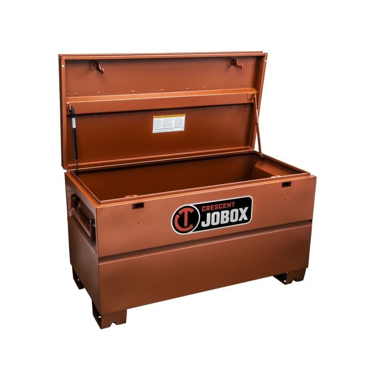 Open Crescent JOBOX chest with gas struts and empty interior, designed for secure tool storage.