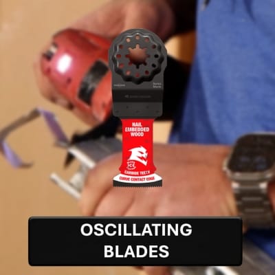 An Oscillating Blade with a button that says Oscillating Blade with a worker in the background cutting steel