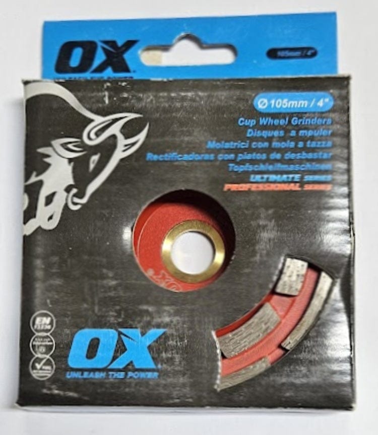 The retail packaging for the OX Ultimate Series 105mm 4-inch diamond cup wheel grinder featuring the OX bull branding and clear window displaying the double-row segmented design.