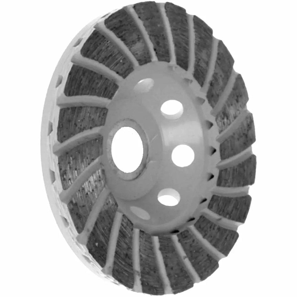 A perspective view of the OX Tools OX-UCGB-4 Ultimate 4-inch turbo diamond cup wheel featuring a white steel body with a wide turbo segmented diamond rim designed for aggressive coarse grit grinding of concrete and natural stone.