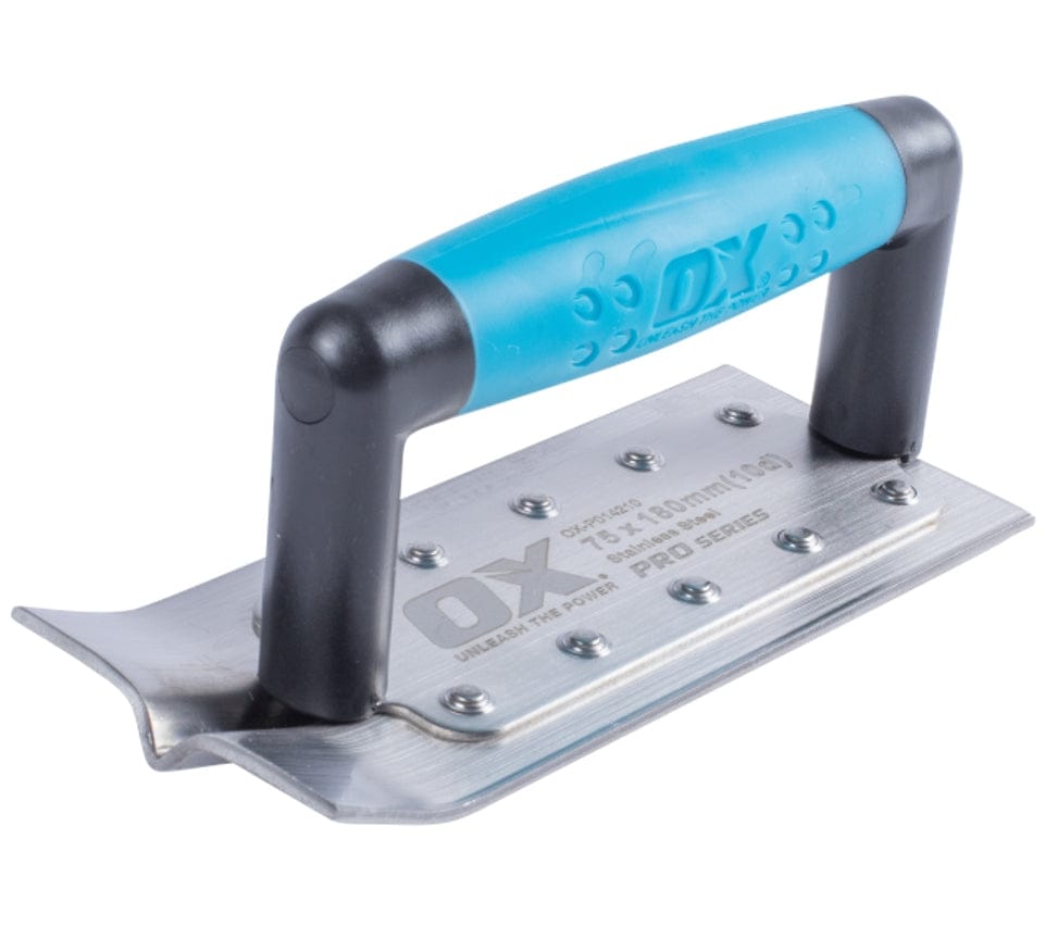 Studio view of the OX Tools Pro narrow concrete groover featuring a stainless steel blade and a blue and black soft grip handle.