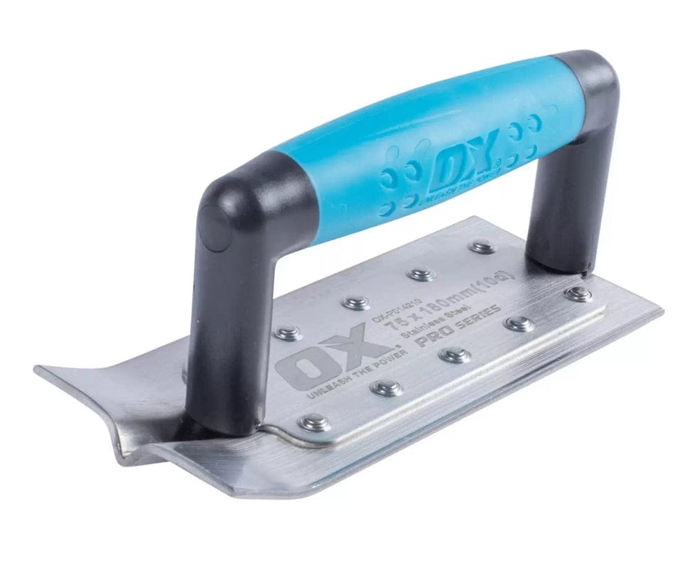 Angled view of the groover blade stamped with OX Pro Series specifications attached to the blue OX Grip handle.