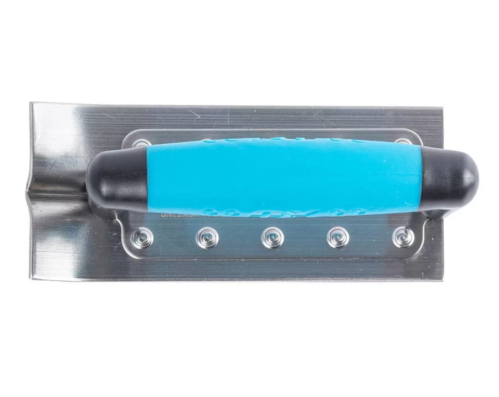 Top down view of the groover showing the blue handle secured to the stainless steel blade with ten rivets.