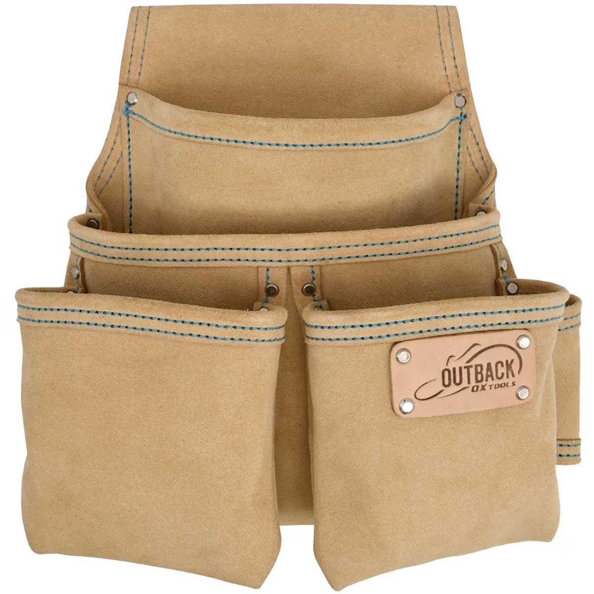 A studio photograph of a tan suede leather tool pouch with four pockets, blue stitching, and rivet reinforcements, featuring the Outback by OX Tools logo.