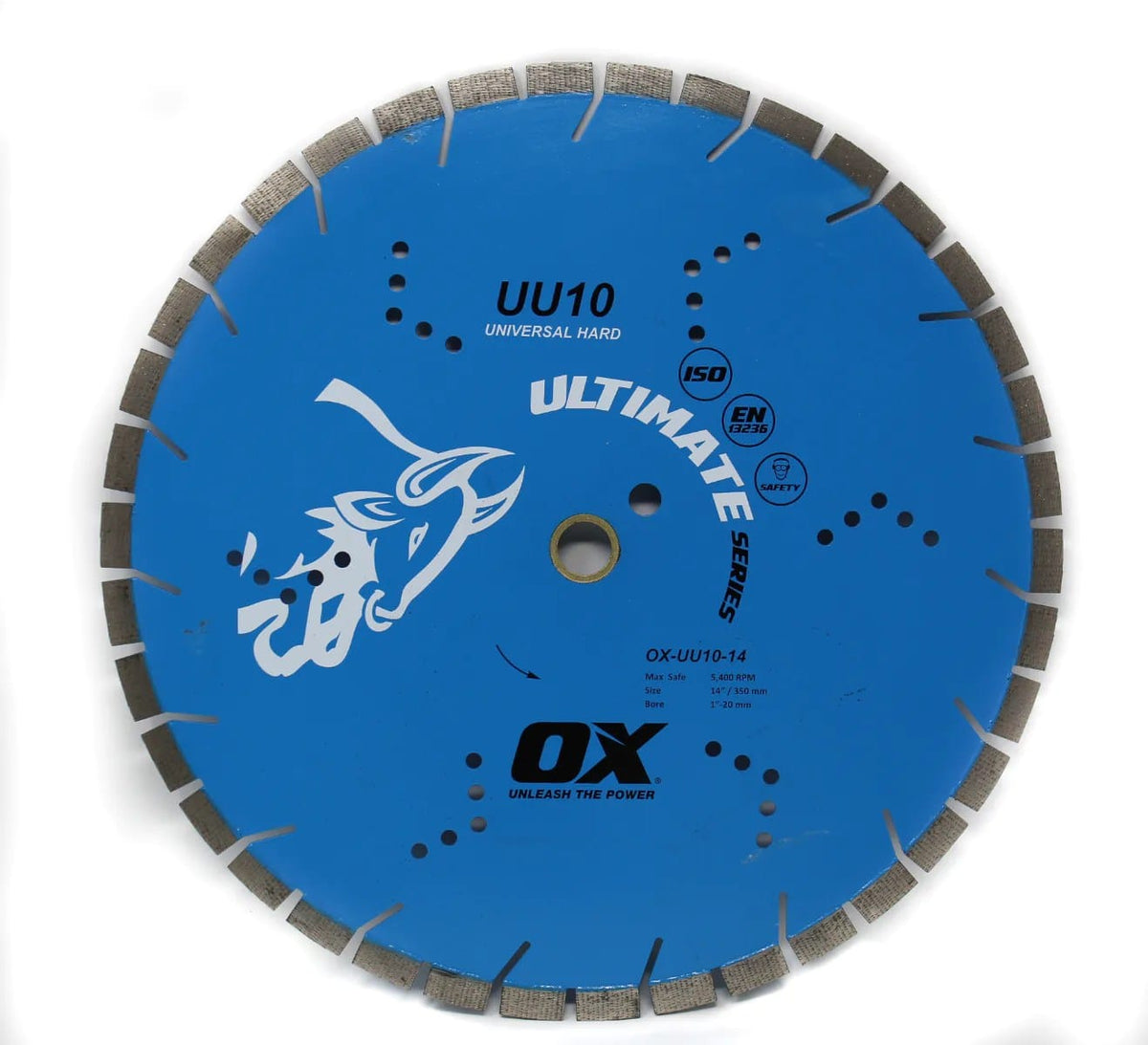 Studio view of the blue Ox Tools Ultimate Series diamond blade featuring a segmented rim and cooling holes for universal hard materials.