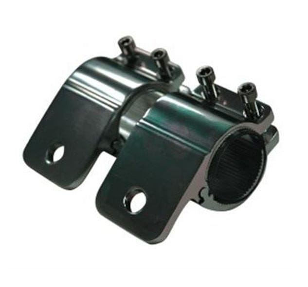 Studio view of a pair of PIAA black aluminum light mounting brackets featuring a tubular clamp design with stainless steel bolts and a flat mounting tab.