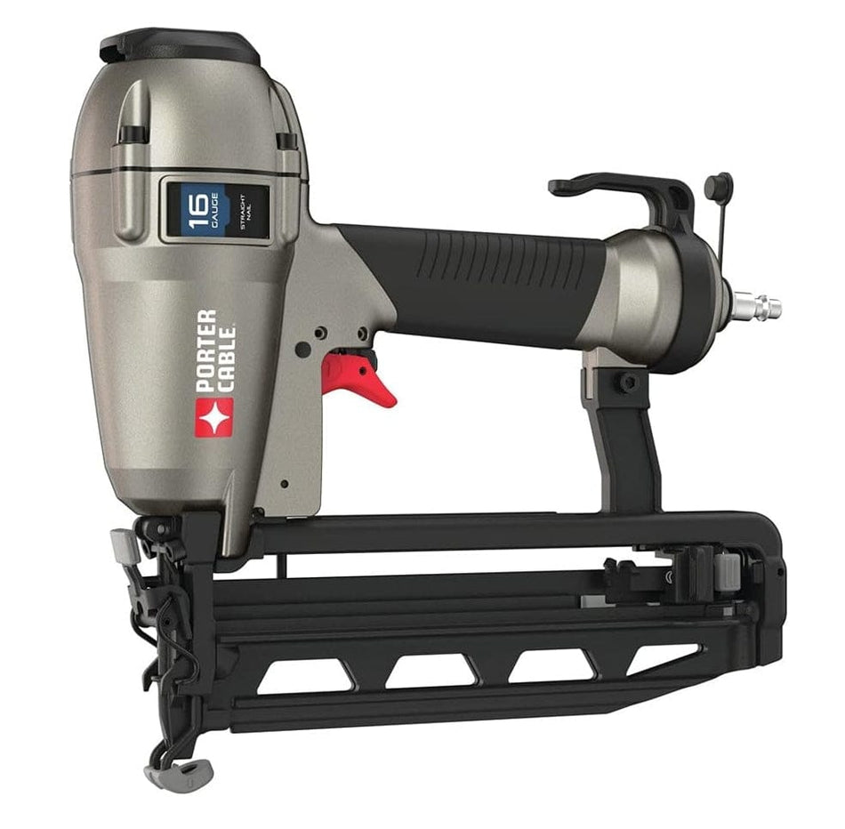 PORTER-CABLE 16GA pneumatic finish nailer shown in close-up, featuring metallic body, black and red handle, and air inlet for compressed air operation.