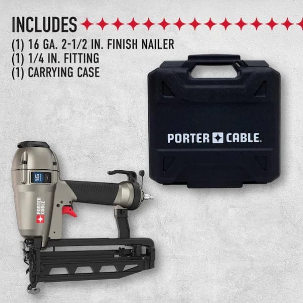 PORTER-CABLE finish nailer kit displayed with included items: 16GA nailer, 1/4 inch air fitting, and branded carrying case on a textured gray background