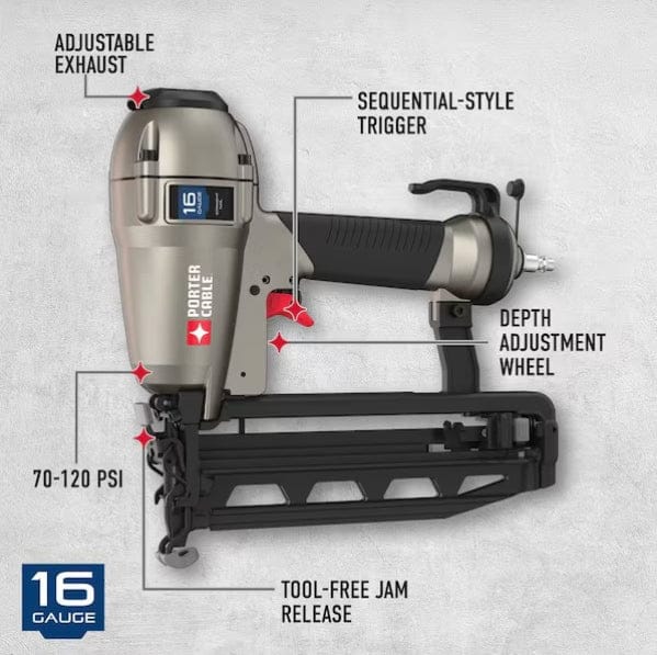 Labeled diagram of PORTER-CABLE 16GA finish nailer showing key features including adjustable exhaust, depth wheel, jam release, and sequential trigger.