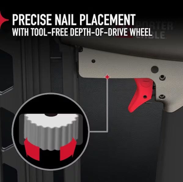 Zoomed-in view of PORTER-CABLE finish nailer’s red depth-of-drive wheel, emphasizing tool-free adjustment for precise nail placement.