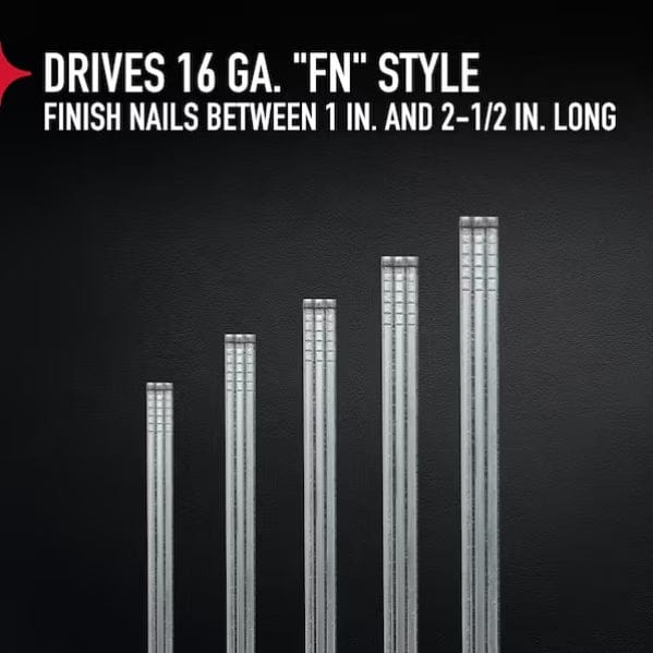 Five metallic finish nails of varying lengths displayed vertically, showing compatibility range of 1 inch to 2-1/2 inches for the PORTER-CABLE nailer.