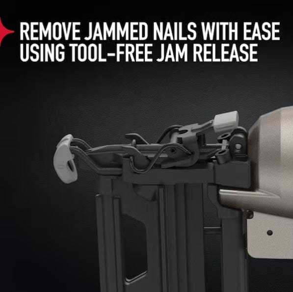 Detail view of PORTER-CABLE finish nailer with jam release mechanism open, illustrating tool-free access for clearing jammed nails efficiently