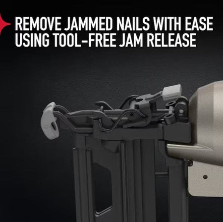 Detail view of PORTER-CABLE finish nailer with jam release mechanism open, illustrating tool-free access for clearing jammed nails efficiently
