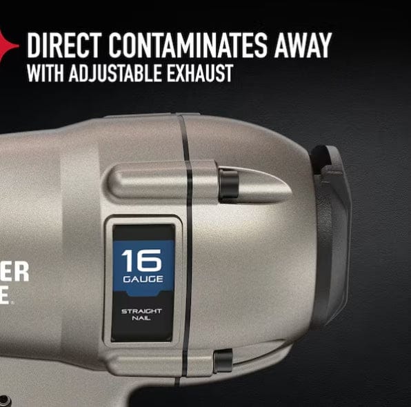 Close-up of PORTER-CABLE 16GA finish nailer showing adjustable exhaust feature designed to direct contaminants away from the user during operation.