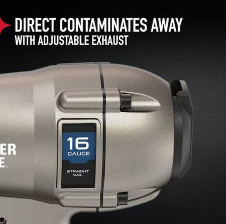 Close-up of PORTER-CABLE 16GA finish nailer showing adjustable exhaust feature designed to direct contaminants away from the user during operation.