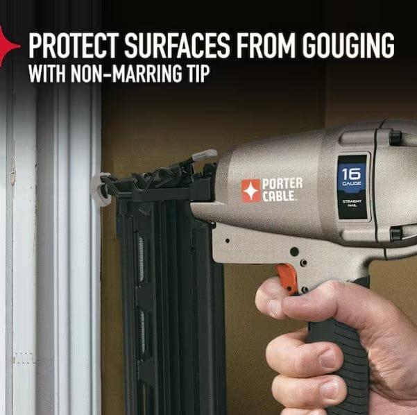 Person using a PORTER-CABLE 16GA finish nailer near a door frame, demonstrating non-marring tip feature that protects surfaces during trim installation.